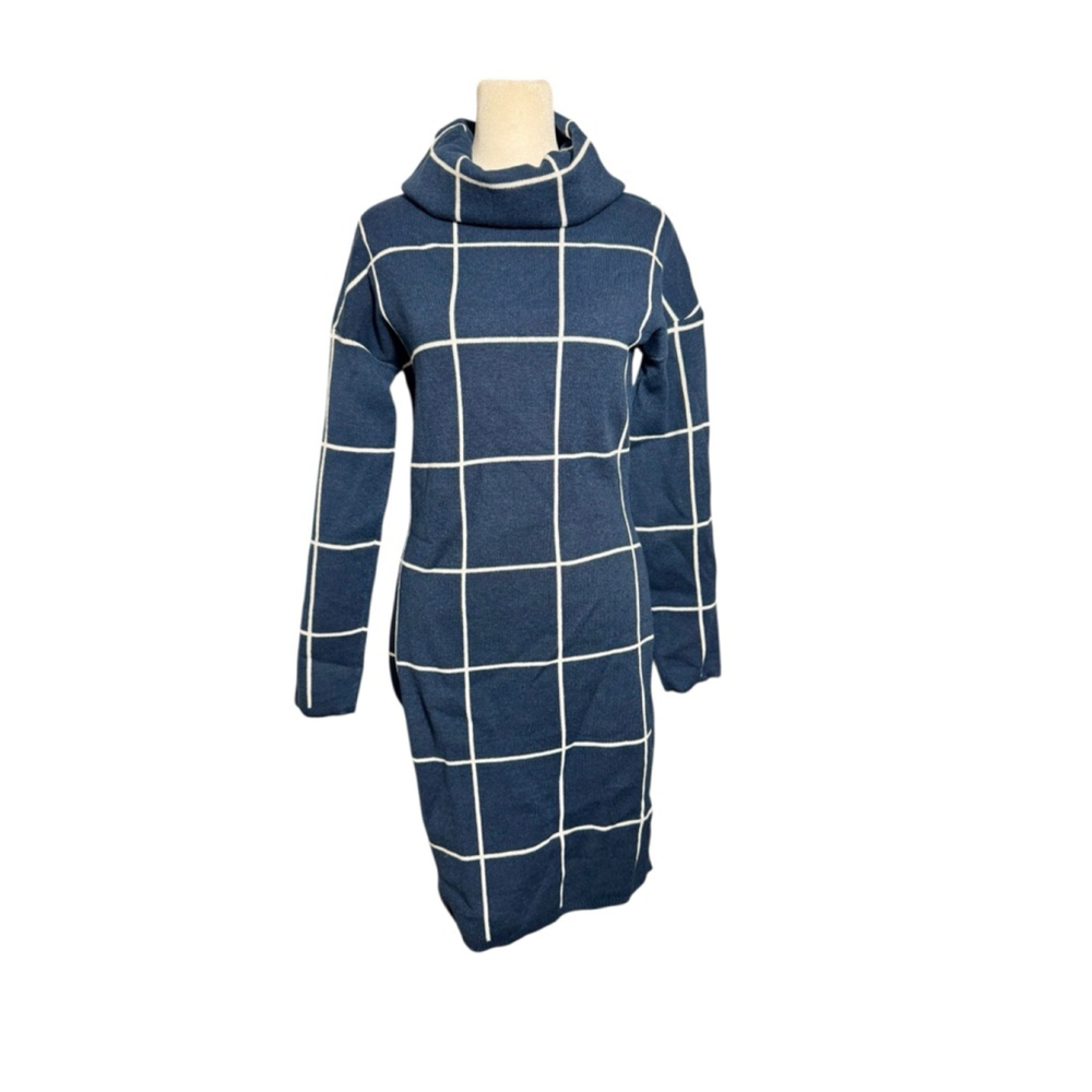 Size S Navy Blue & White Plaid long sleeve cowl neck sweater dress NWOT